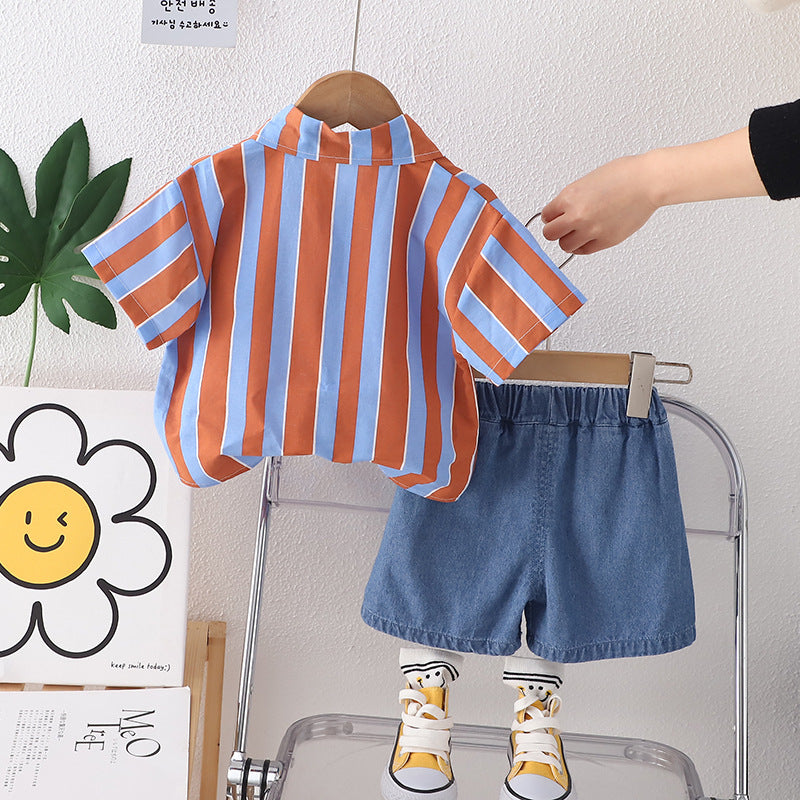Orange & Blue Boys Striped Shirt & Shorts