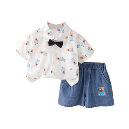 Boys White Conversational Printed Spread Collar Shirt With Shorts