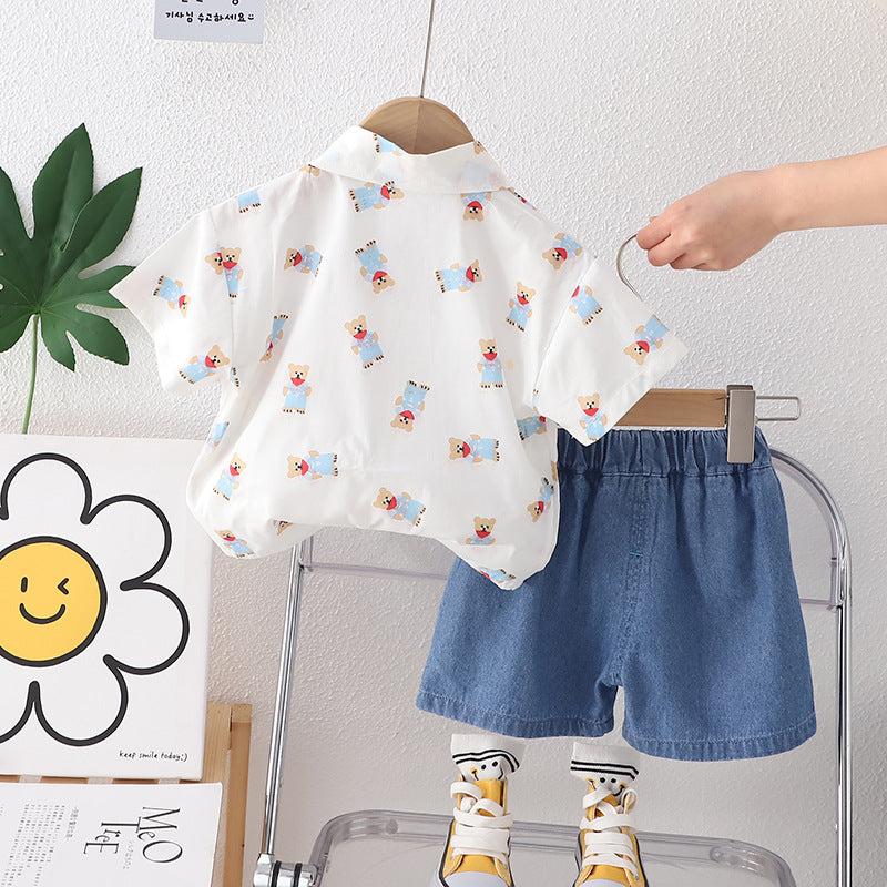 Boys White Conversational Printed Spread Collar Shirt With Shorts