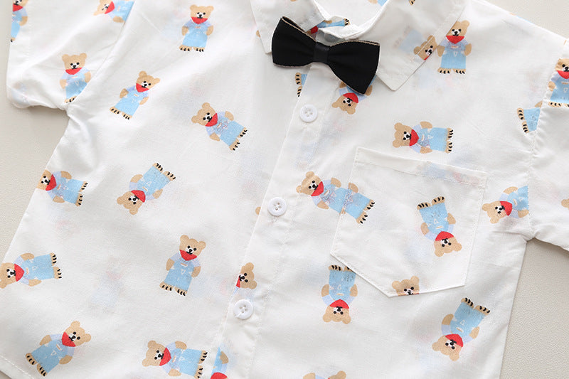 Boys White Conversational Printed Spread Collar Shirt With Shorts