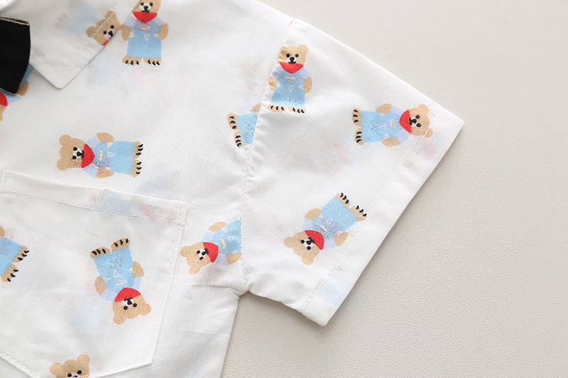 Boys White Conversational Printed Spread Collar Shirt With Shorts