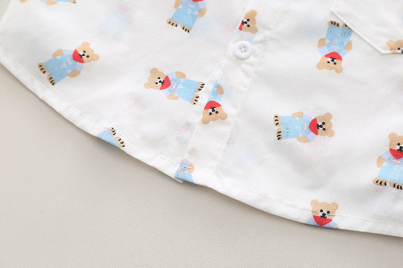 Boys White Conversational Printed Spread Collar Shirt With Shorts