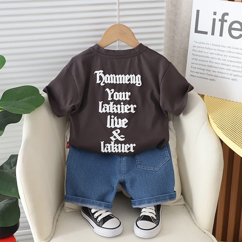 Boys Brown Typography Printed T-shirt With Shorts