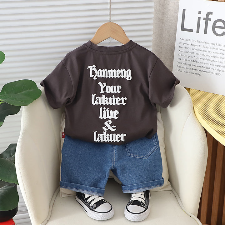 Boys Brown Typography Printed T-shirt With Shorts