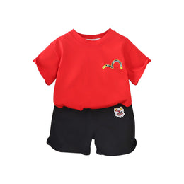 Boys Red & Black Printed T-shirt with Shorts