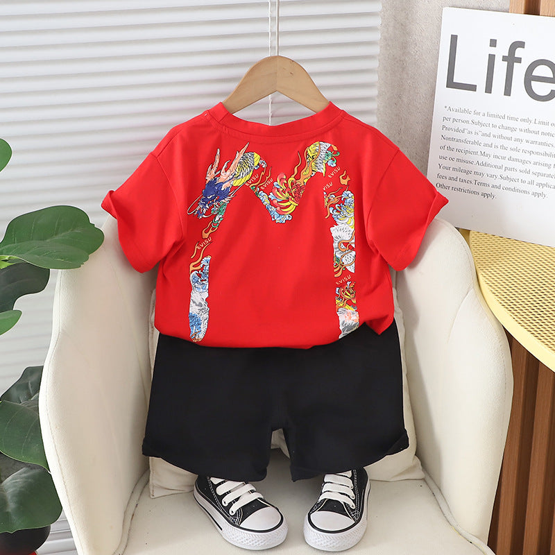 Boys Red & Black Printed T-shirt with Shorts