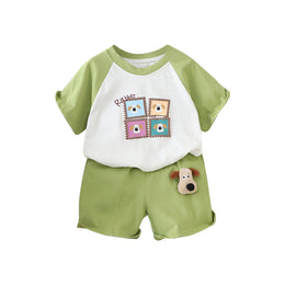 Boys Green & white Graphic Printed Raglan Sleeves T-shirt & Shorts