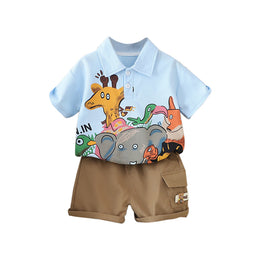 Boys Blue Graphic Printed Polo Collar T-shirt With Shorts