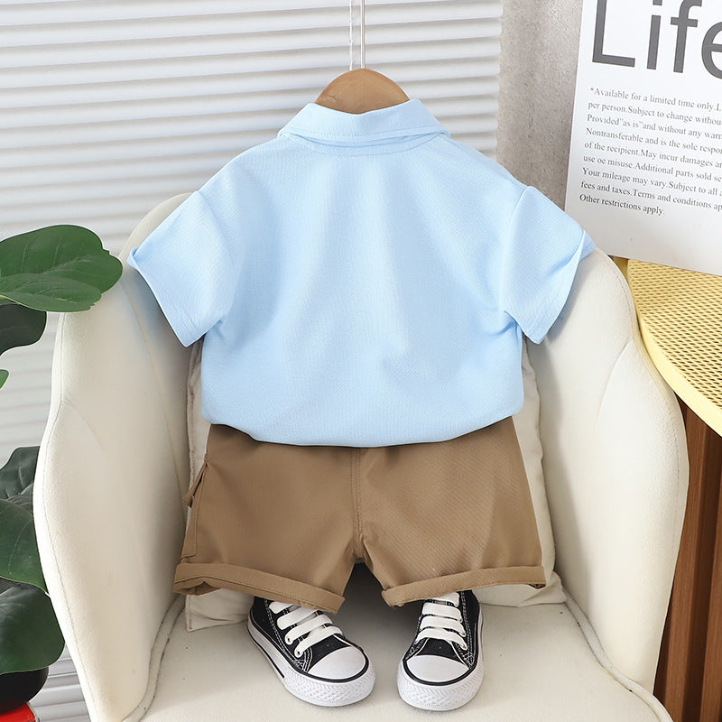 Boys Blue Graphic Printed Polo Collar T-shirt With Shorts