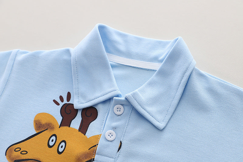 Boys Blue Graphic Printed Polo Collar T-shirt With Shorts
