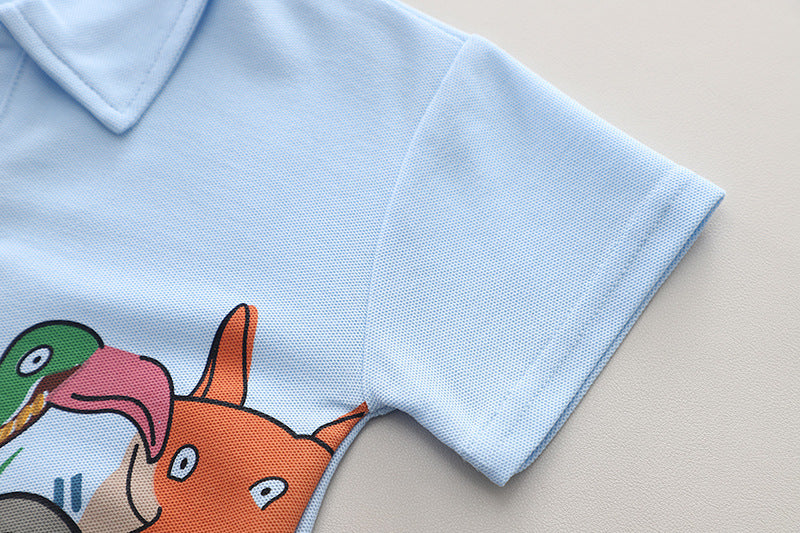 Boys Blue Graphic Printed Polo Collar T-shirt With Shorts