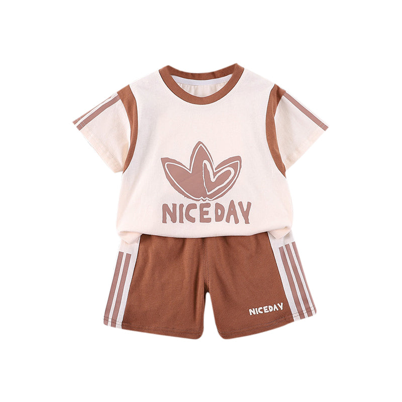 Boys Khaki & Cream Printed T-shirt With Shorts