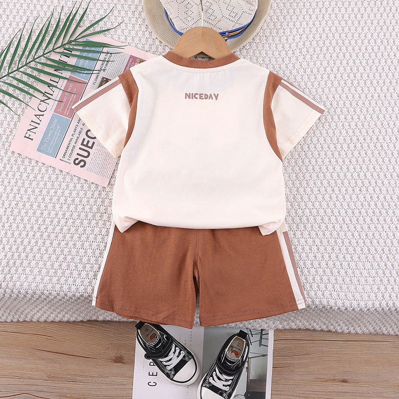 Boys Khaki & Cream Printed T-shirt With Shorts