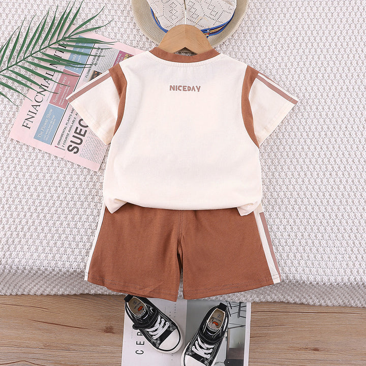Boys Khaki & Cream Printed T-shirt With Shorts