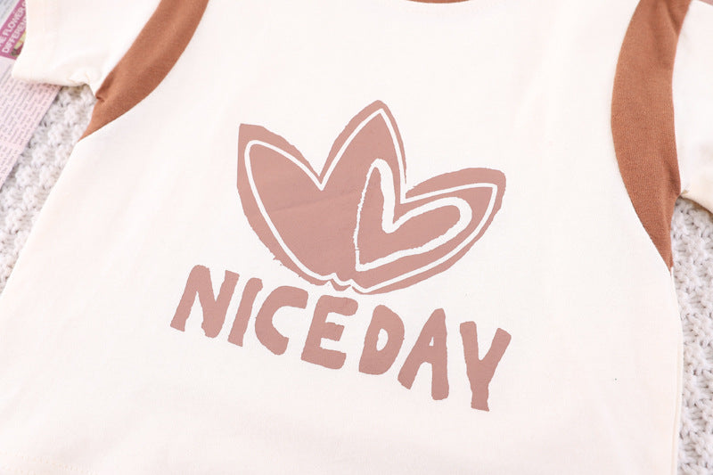 Boys Khaki & Cream Printed T-shirt With Shorts