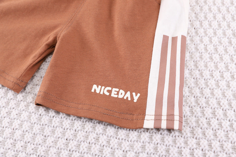 Boys Khaki & Cream Printed T-shirt With Shorts