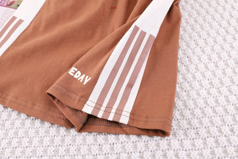 Boys Khaki & Cream Printed T-shirt With Shorts