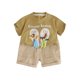 Boys Khaki & White Printed T-shirt with Shorts