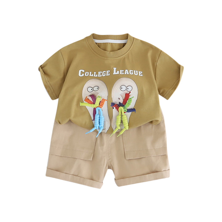Boys Khaki & White Printed T-shirt with Shorts