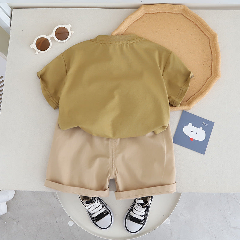 Boys Khaki & White Printed T-shirt with Shorts