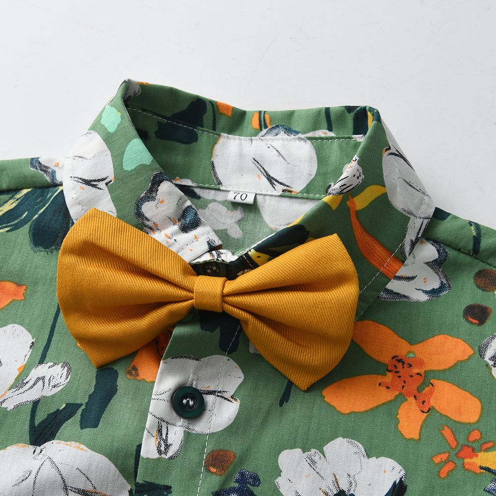Boys Green & White Printed Shirt with Shorts