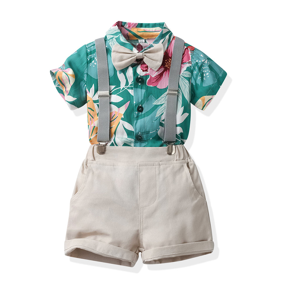 Boys Green Floral Printed Pure Cotton Shirt With Shorts & Suspenders