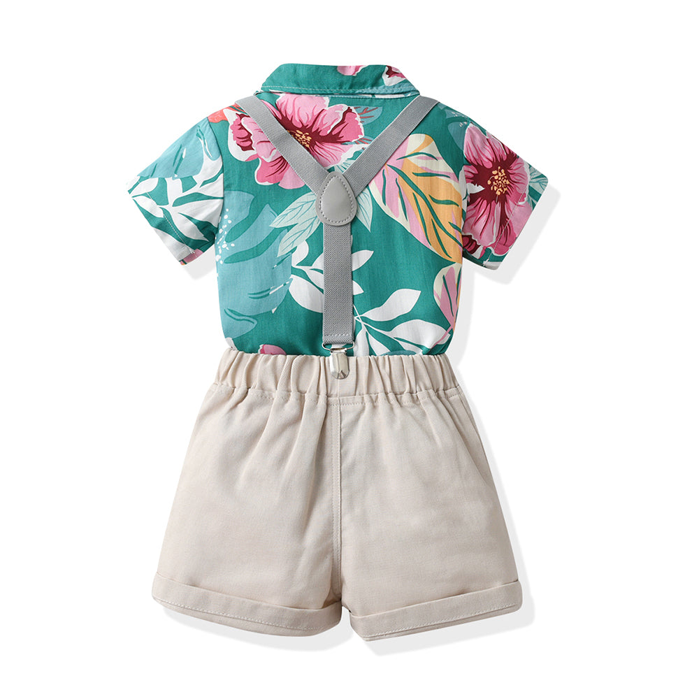 Boys Green Floral Printed Pure Cotton Shirt With Shorts & Suspenders