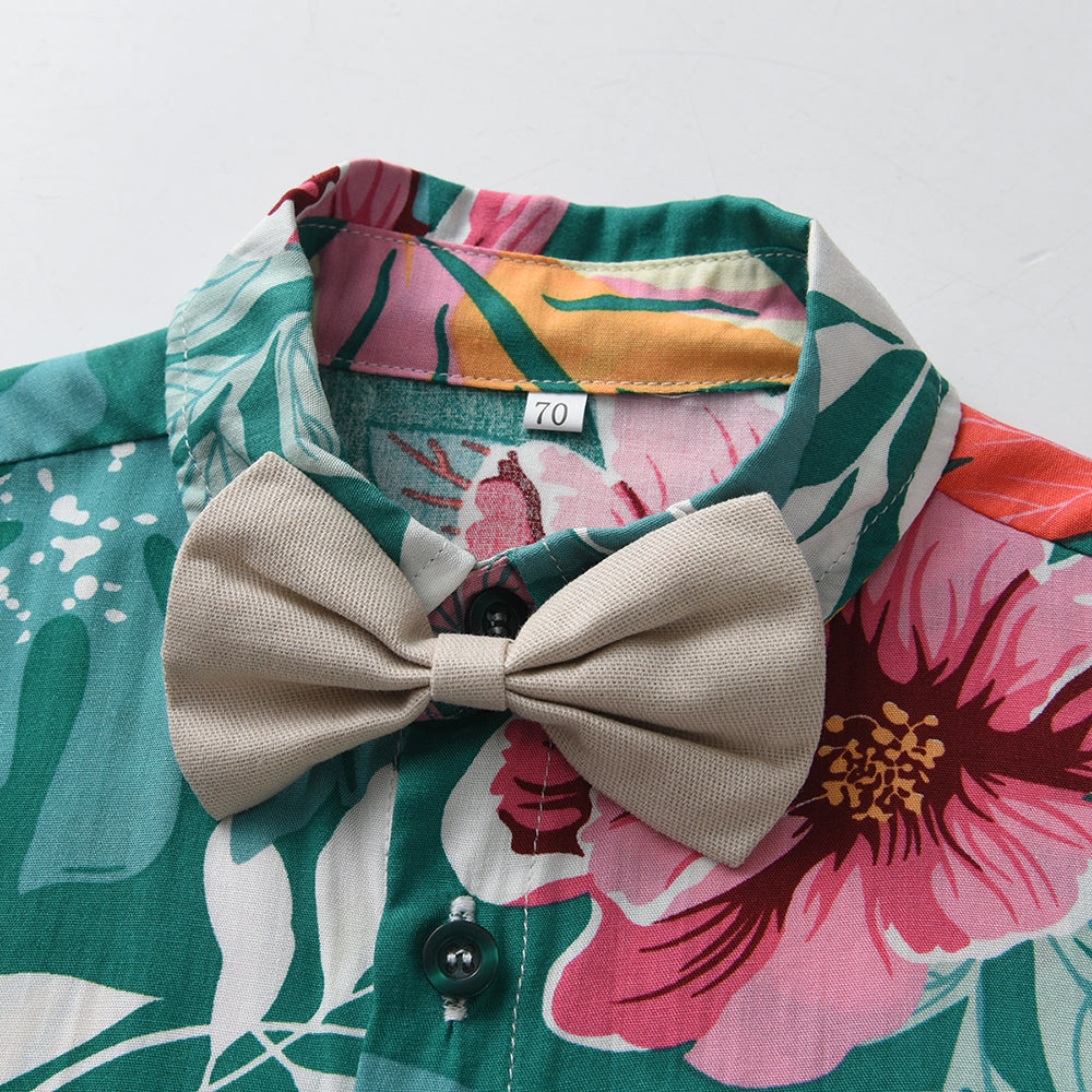Boys Green Floral Printed Pure Cotton Shirt With Shorts & Suspenders