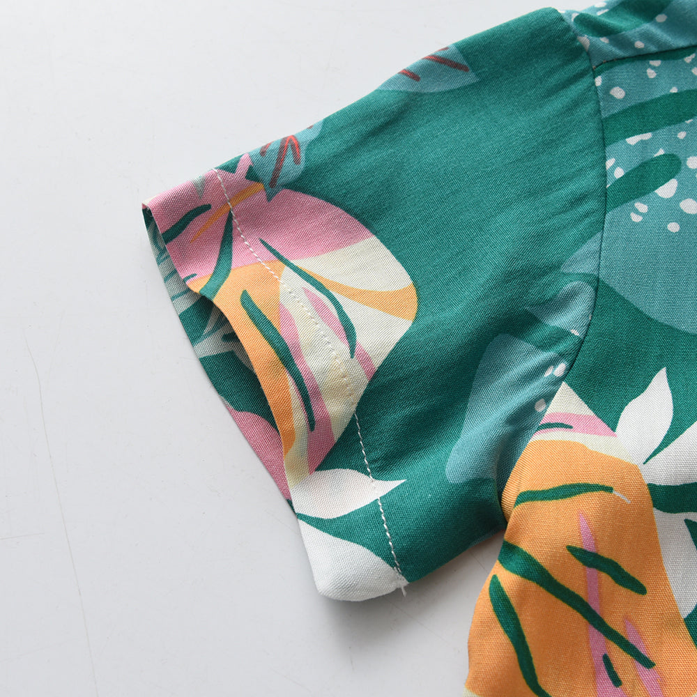 Boys Green Floral Printed Pure Cotton Shirt With Shorts & Suspenders