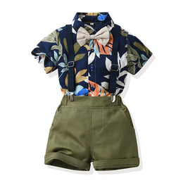 Boys Navy Blue Floral Printed Cotton Shirt With Shorts & Suspender