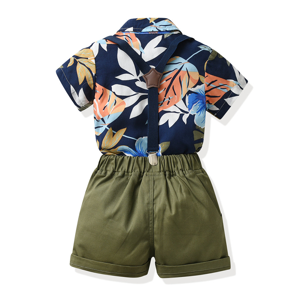 Boys Navy Blue Floral Printed Cotton Shirt With Shorts & Suspender