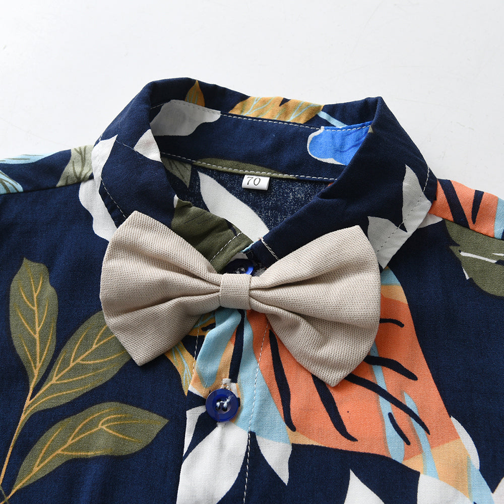 Boys Navy Blue Floral Printed Cotton Shirt With Shorts & Suspender