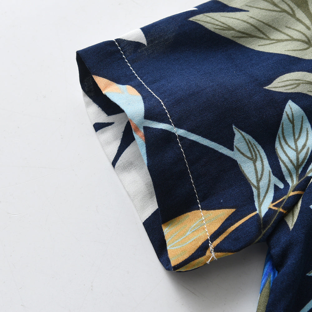 Boys Navy Blue Floral Printed Cotton Shirt With Shorts & Suspender