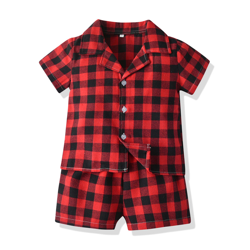 Unisex Red Checked Lapel Collar Pure Cotton Shirt With Shorts