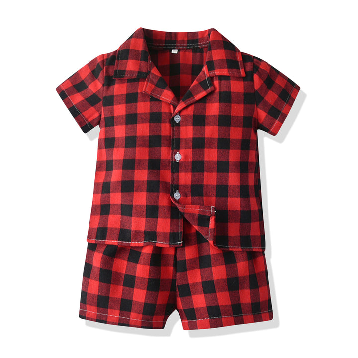 Unisex Red Checked Lapel Collar Pure Cotton Shirt With Shorts