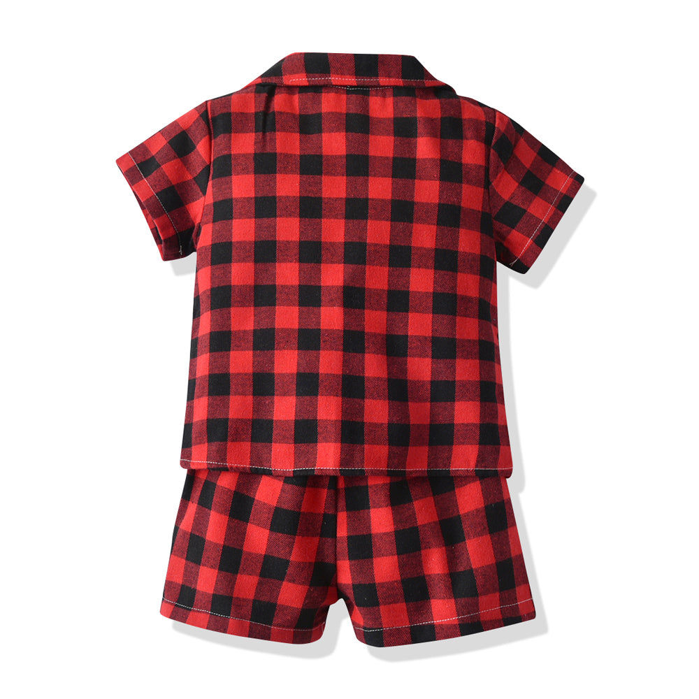 Unisex Red Checked Lapel Collar Pure Cotton Shirt With Shorts