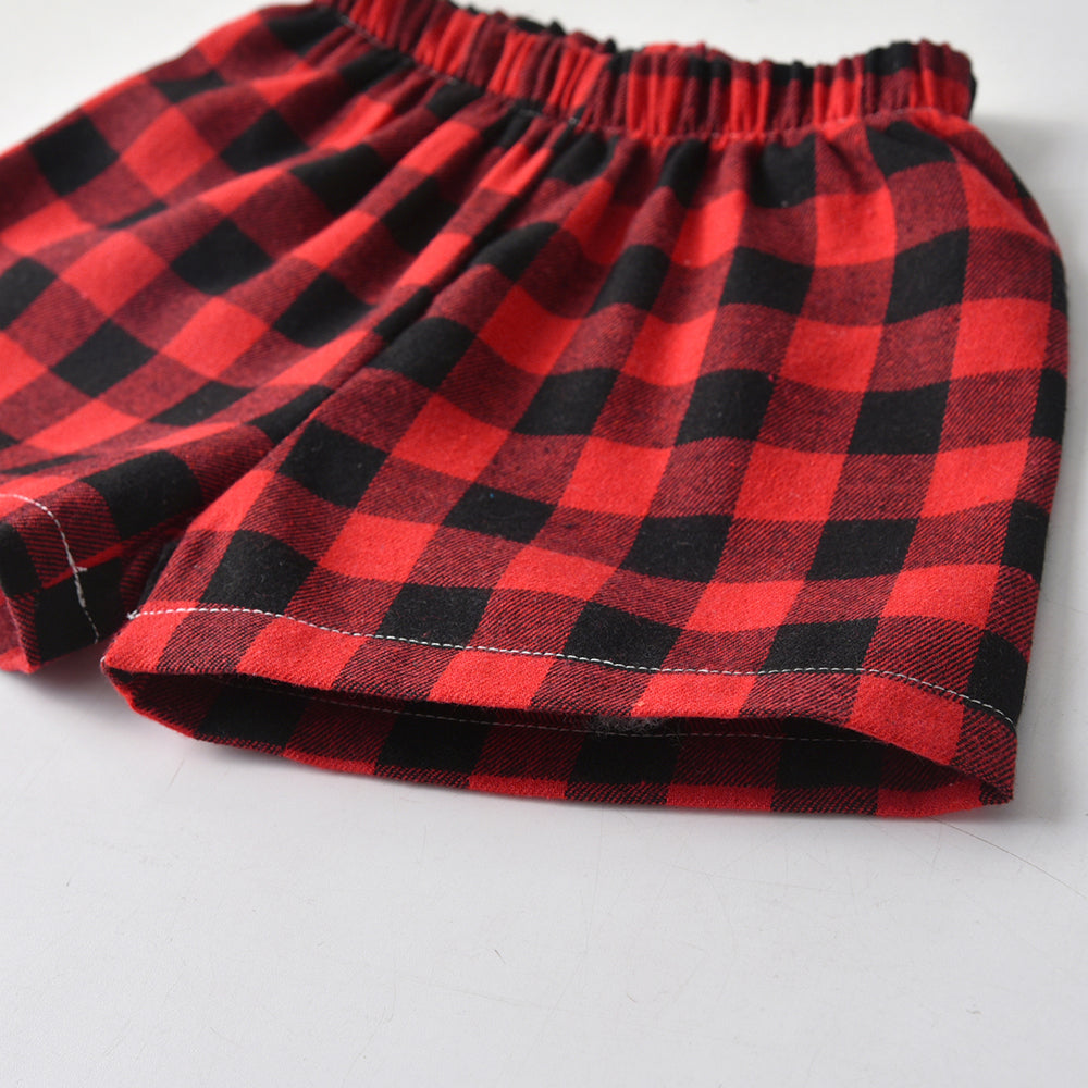 Unisex Red Checked Lapel Collar Pure Cotton Shirt With Shorts