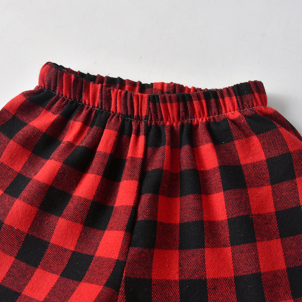 Unisex Red Checked Lapel Collar Pure Cotton Shirt With Shorts