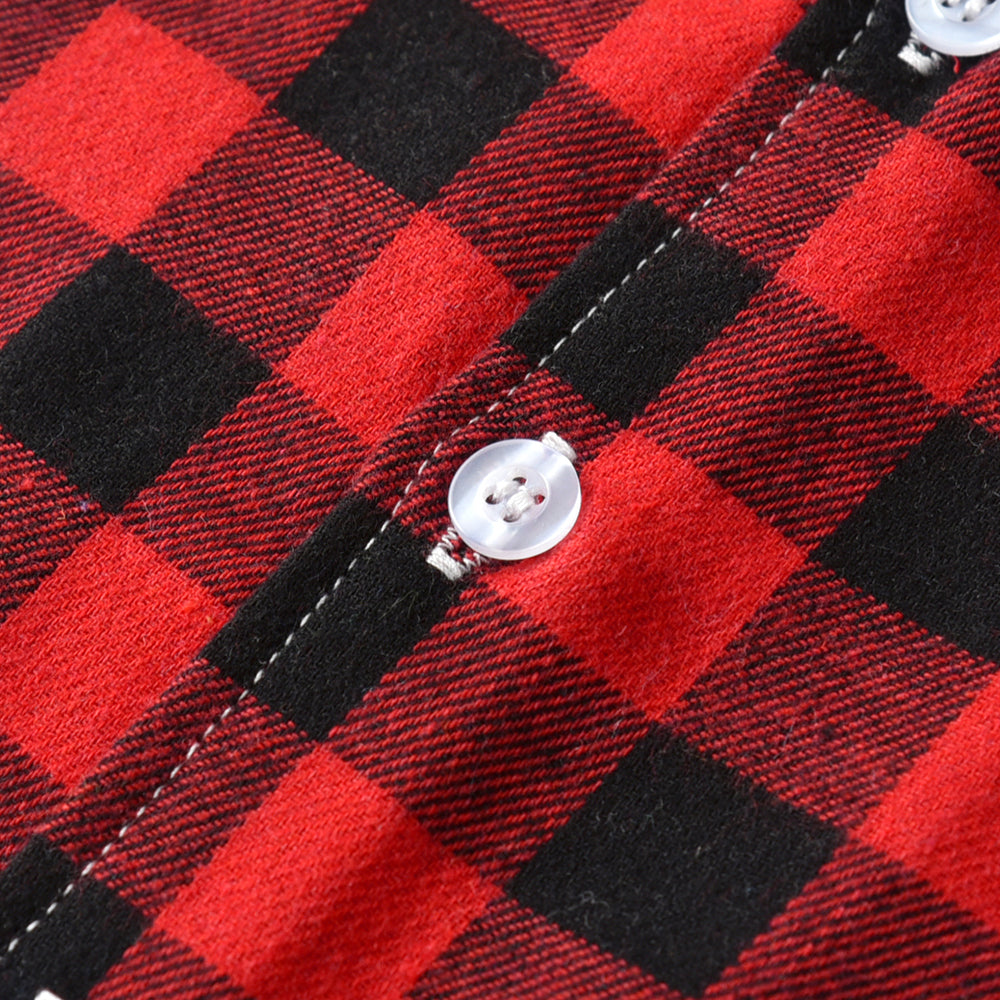 Unisex Red Checked Lapel Collar Pure Cotton Shirt With Shorts