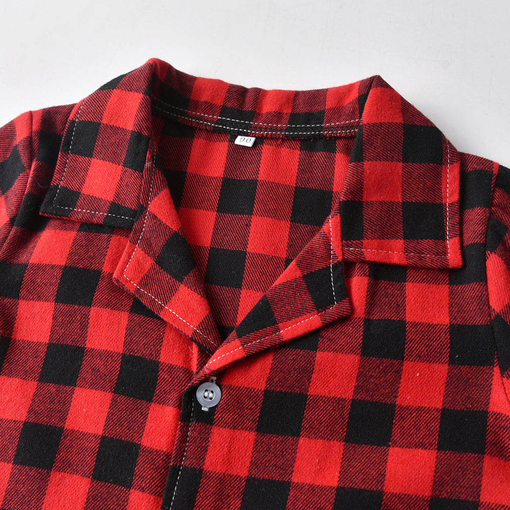 Unisex Red Checked Lapel Collar Pure Cotton Shirt With Shorts
