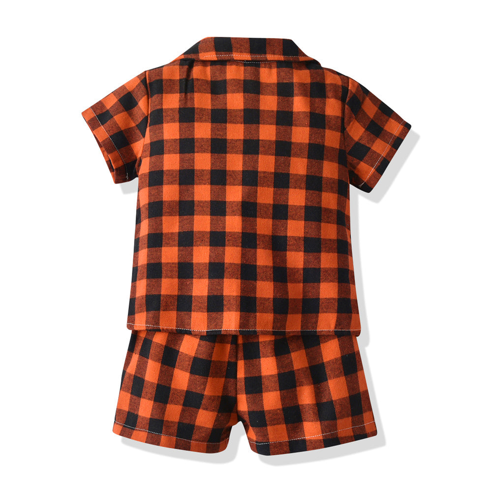 Kids Orange & Black Checked Pure Cotton Shirt with Shorts