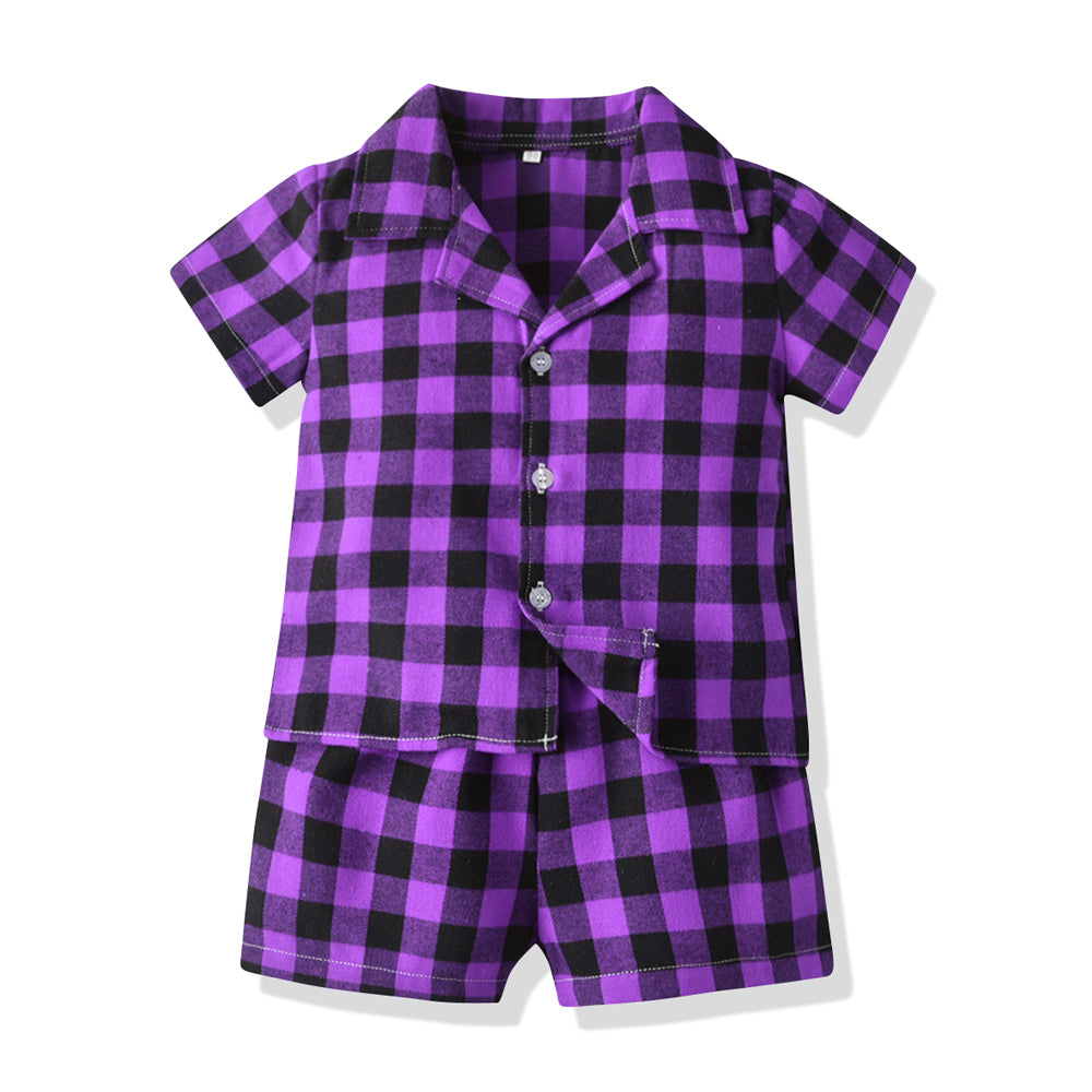 Kids Purple & Black Checked Pure Cotton Shirt with Shorts