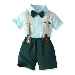 Boys Green & blue Shirt & Shorts With Suspenders