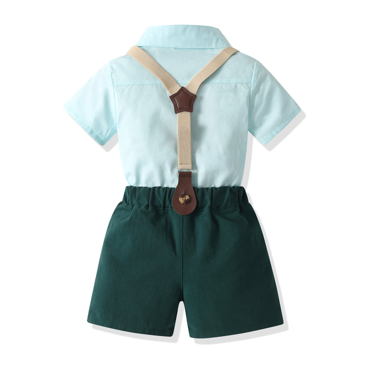 Boys Green & blue Shirt & Shorts With Suspenders