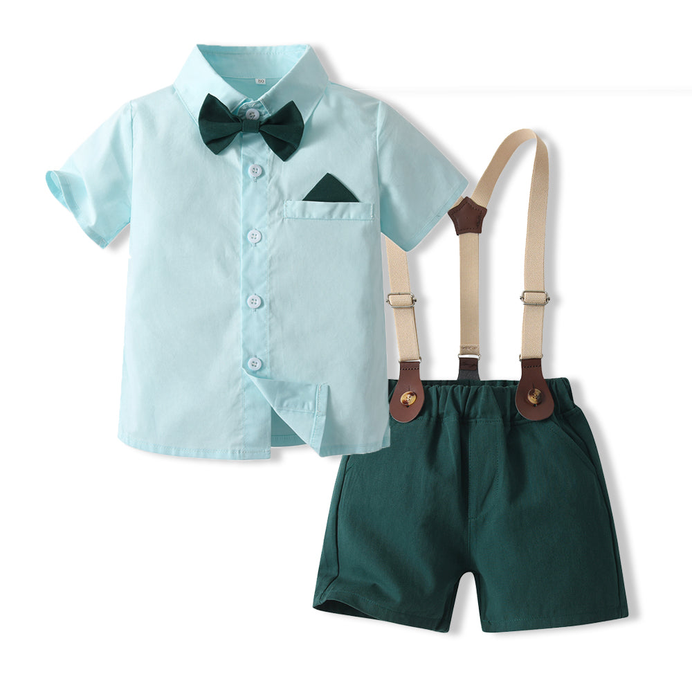 Boys Green & blue Shirt & Shorts With Suspenders