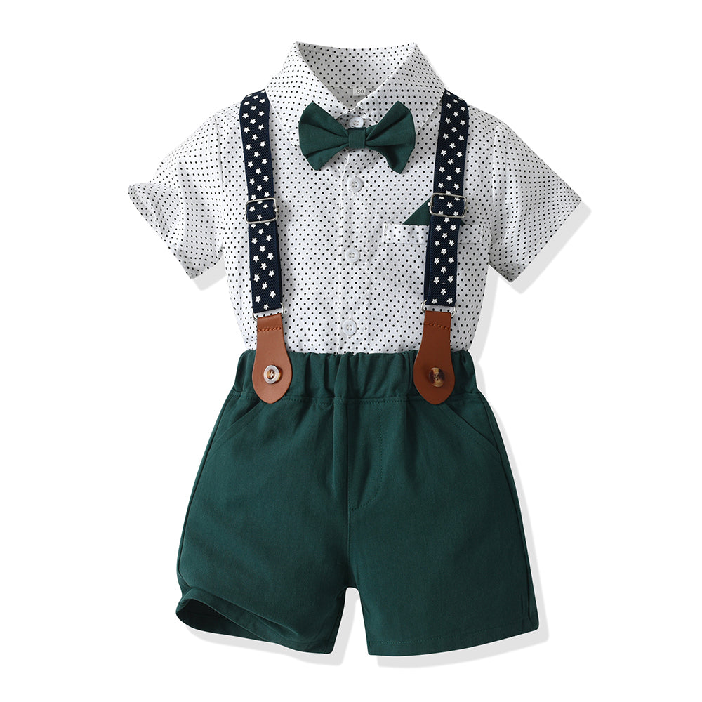 Boys Green & White Printed Shirt & Shorts With Suspenders