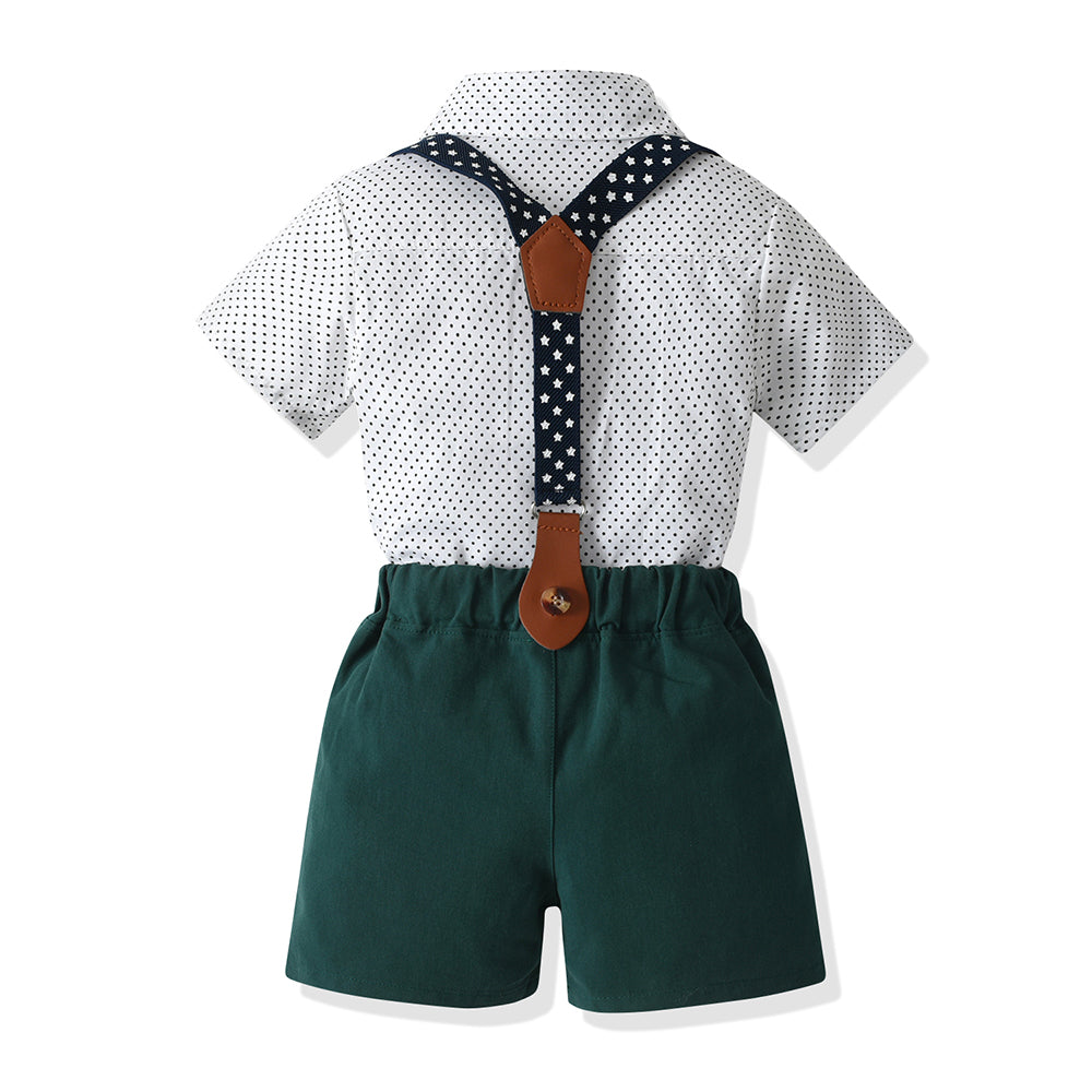 Boys Green & White Printed Shirt & Shorts With Suspenders