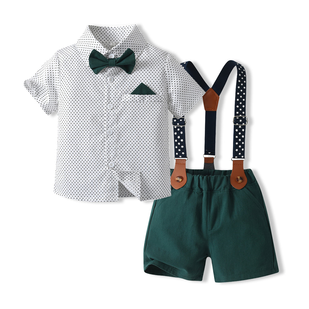 Boys Green & White Printed Shirt & Shorts With Suspenders