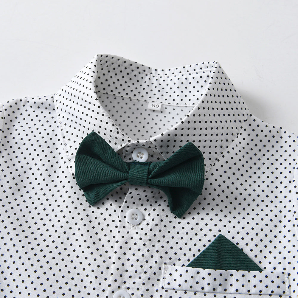 Boys Green & White Printed Shirt & Shorts With Suspenders
