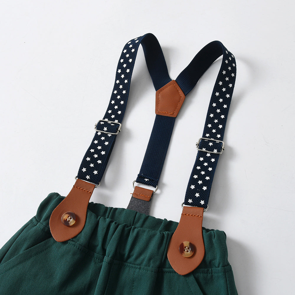 Boys Green & White Printed Shirt & Shorts With Suspenders